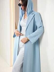 Yasmyna Solid Color Faux Pearl Decorated Cuffs Elegant Arabic Abaya - Blue - View 4