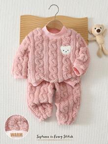 Cozy Pixies 女嬰卡通熊圖案保暖內裡加厚圓領長袖套頭上衣與鬆緊腰長褲2件套，舒適百搭時尚日常可愛熊圖案極簡基礎款，適合室內、戶外滑雪、日常、運動、玩耍、派對、攝影、假期、聖誕節，秋冬穿著 - 粉色 - 查看 3