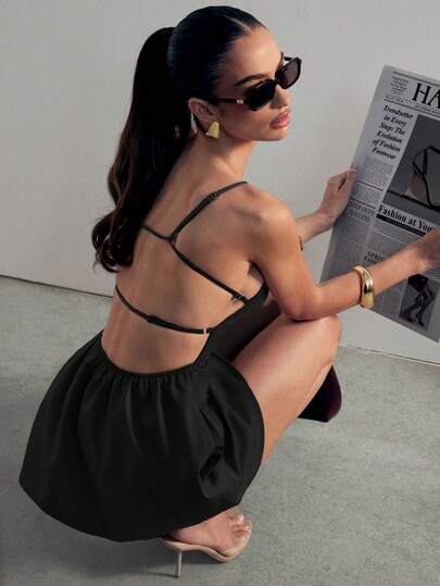 Hauture Vestido de oficina casual y sexy para mujer con cuello cuadrado, delantal delantero con bolsillos y espalda abierta con tirantes