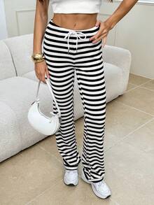SHEIN Tall Women's Casual Extra Long Knitted Striped Pants With Drawstring In Black And White - Black and White - View 6