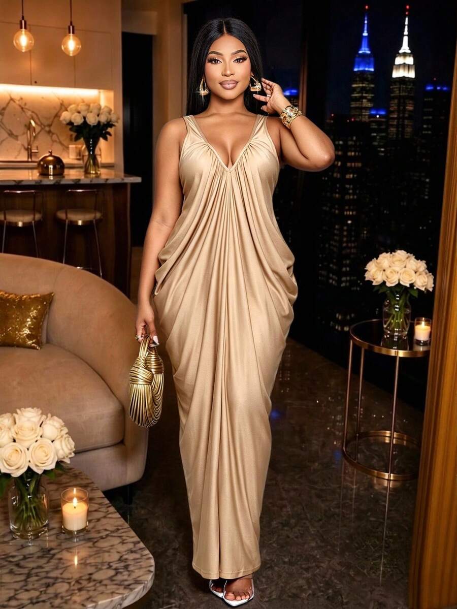 SOLERSUN Plus-Size Women's Deep V-Neck Slim-Fit Dress Suitable For Party, Formal, And Gathering Occasions. - Khaki - View 1