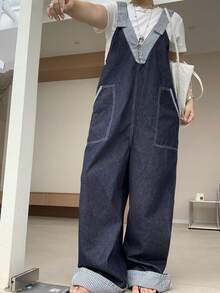 Dazy Plus Overall Denim Kasual Longgar Panjang Tanpa Lengan dengan Potongan Garis-garis dan Leher V Dalam untuk Wanita Ukuran Plus, Cocok untuk Musim Semi, Musim Panas, dan Musim Gugur. - Dark Wash - View 9