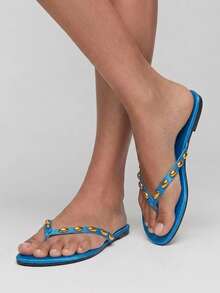 Grefit Sapphire Blue Riveted Flip-Flops With Bold And Avant-Garde Styling, Suitable For Holiday Style, Spring Street Wear Or Relaxed Summer Guest Styling - Blue L - View 2