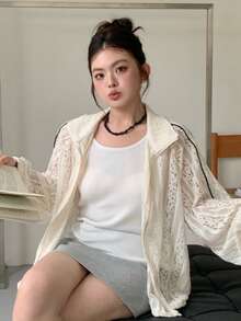 Dazy Plus Plus Size Women Lace Lantern Sleeve Open Front Loose Jacket, See-Through Lantern Sleeve Long Sleeve Casual Top, Spring/Summer/Autumn - Apricot - View 4