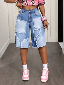 BamGleam Women's Summer Casual Patchwork Denim Shorts - Green - View 3