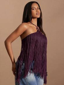 Denimoi Women's Spring/Summer Solid Color Tassel Crochet Sleeveless Knit Top - Purple - View 2