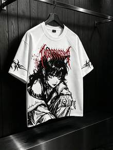 ROMWE MEN Camiseta de manga corta casual y versátil con cuello redondo y estampado de anime para hombre, adecuada para primavera y verano - Blanco - Ver 1