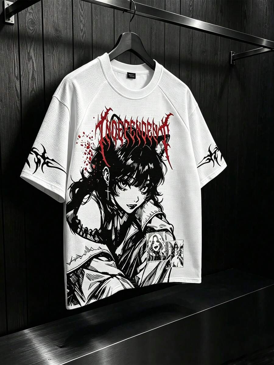 ROMWE MEN Camiseta de manga corta casual y versátil con cuello redondo y estampado de anime para hombre, adecuada para primavera y verano - Blanco - Ver 1