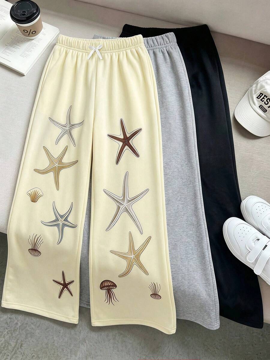 Sparklyn Tween Girls Casual All-Match Versatile Street Style Pocket Loose Wide Leg Colorblock Patchwork Double Waist Design Autumn/Winter Sweatpants 2pcs/Set - Beige - View 1