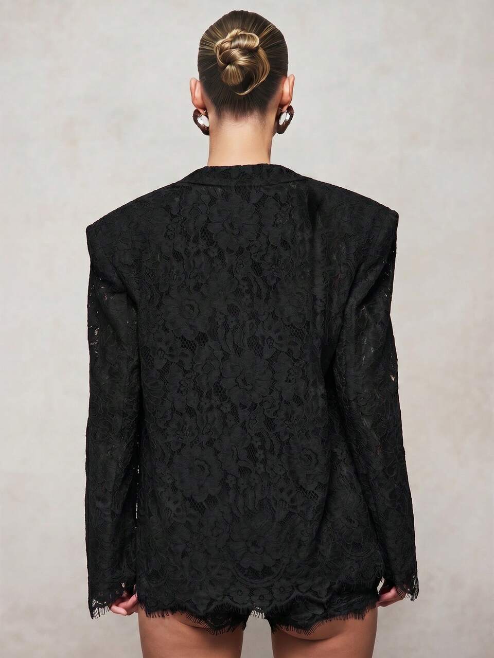 KIZN Oversized Lace Blazer With Scallop Hem And Deep V-Neckline