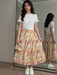 SHEIN Teen Girl Simple Round Neck Ruffle Trim T-Shirt And Floral Print Midi Skirt Set, Casual Vacation - White - View 9