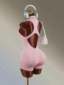 Amplova Solid Color Sleeveless Backless Athletic Romper Shorts - Pink - View 3