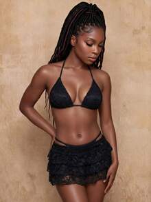 Swim Vcay Women's Vacation Beach Lace Sexy Halter Tie Bikini Set With Cover-Up And Multi-Layer Hem Skirt 3-Piece - Black - View 3