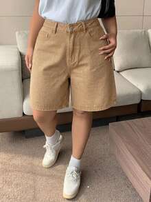 Dazy Plus Dark Wash Blue Back Pocket Bow Embroidery Straight Leg Knee-Length Denim Shorts Spring/Summer - Khaki - View 3