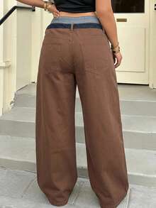 Dazy Plus Fashion Casual Contrast Color Patchwork Waistband 3-Button Decor Loose Straight Leg Long Plus Size Women's Jeans All Season - Brown - View 7
