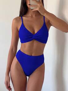 Bộ bikini màu trơn mùa hè dành cho nữ với thiết kế xoắn ngực, trang phục đi biển - Màu xanh hải quân - Xem 5