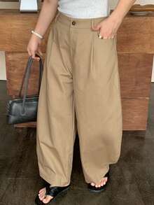 Dazy Petite Curve Pantalones de pierna curva versátiles de estilo callejero blogger casual color caqui sólido para mujer talla grande primavera verano otoño - Caqui - Ver 7