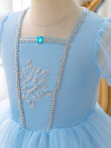 Glamorique Kids 女童藍色正式洋裝，頂級緞面柔軟網紗搭配精緻雪花印花，泡泡短袖洋裝，適合生日派對、晚宴活動、高端親子活動、家庭聚會、婚禮、兒童時裝秀、畢業舞會，夏季短洋裝，完美適用日常拍照與親子攝影 - 藍色 - 查看 7