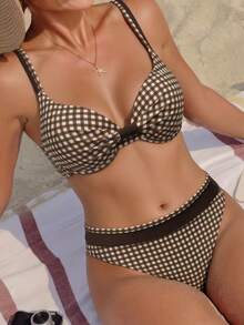 Swim Lushoire Glamour 夏季新款女款比基尼泳衣 2 件套，鋼圈托高胸型、抓褶設計、雙肩細肩帶、露背可調節三角比基尼 - 彩色 - 查看 2