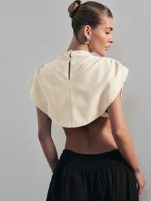 Hauture Women's Draped Shoulder Impact High Neck Crop Top Office Wear - Apricot - View 2