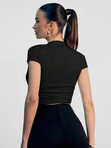 Hauture Women's Solid Color Deep V-Neck Asymmetrical Hem Cape Sleeve Sexy Top - Black - View 4