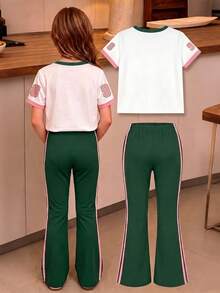 少女 T-shirt 套裝，美式復古運動造型，98 號印花短袖 + 粉色滾邊喇叭褲，甜酷休閒，舒適百搭 - 彩色 - 查看 2