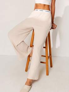 LUVLETTE Sport Style Women Earth Tones Soft Cotton Ribbed Wide Fit Lounge Bottom Airy Cozy Pants With Pockets As Outerwear Culotte Pajamas - Beige - View 6