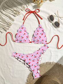 Swim Mod Conjunto de bikini sexy de unicolor con diseño de volantes de alta elasticidad para mujer para vacaciones - Rosa - Ver 1