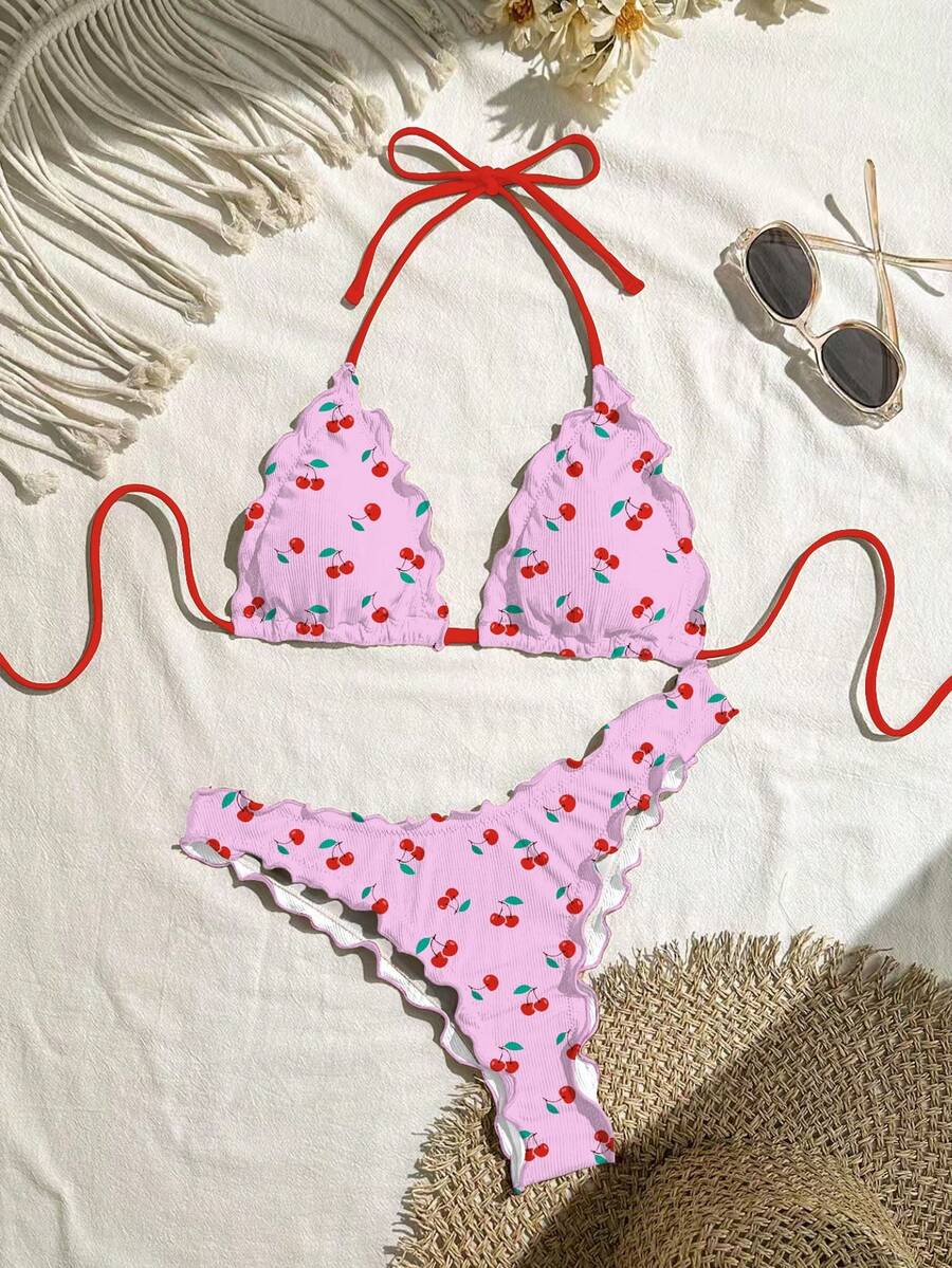 Swim Mod Conjunto de bikini sexy de unicolor con diseño de volantes de alta elasticidad para mujer para vacaciones - Rosa - Ver 1