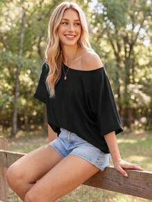 Coeurva Women Black T-Shirt Asymmetric Neck Relaxed Fit Solid Color Back To School Campus Charming Attractive Spring Dinner Fitted Downtown Casual - Black - View 5