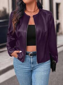 Easura Plus Size Autumn Fashion Commuter Solid Color Jacket - Purple - View 1