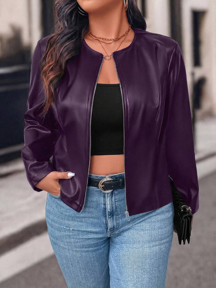 Easura Plus Size Autumn Fashion Commuter Solid Color Jacket - Purple - View 1