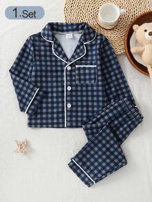 SHEIN Vintaside Kids 男嬰睡衣 2 件套，領口設計格紋印花長袖褲子，梭織休閒居家服，秋季款 - 藍色 - 查看 1