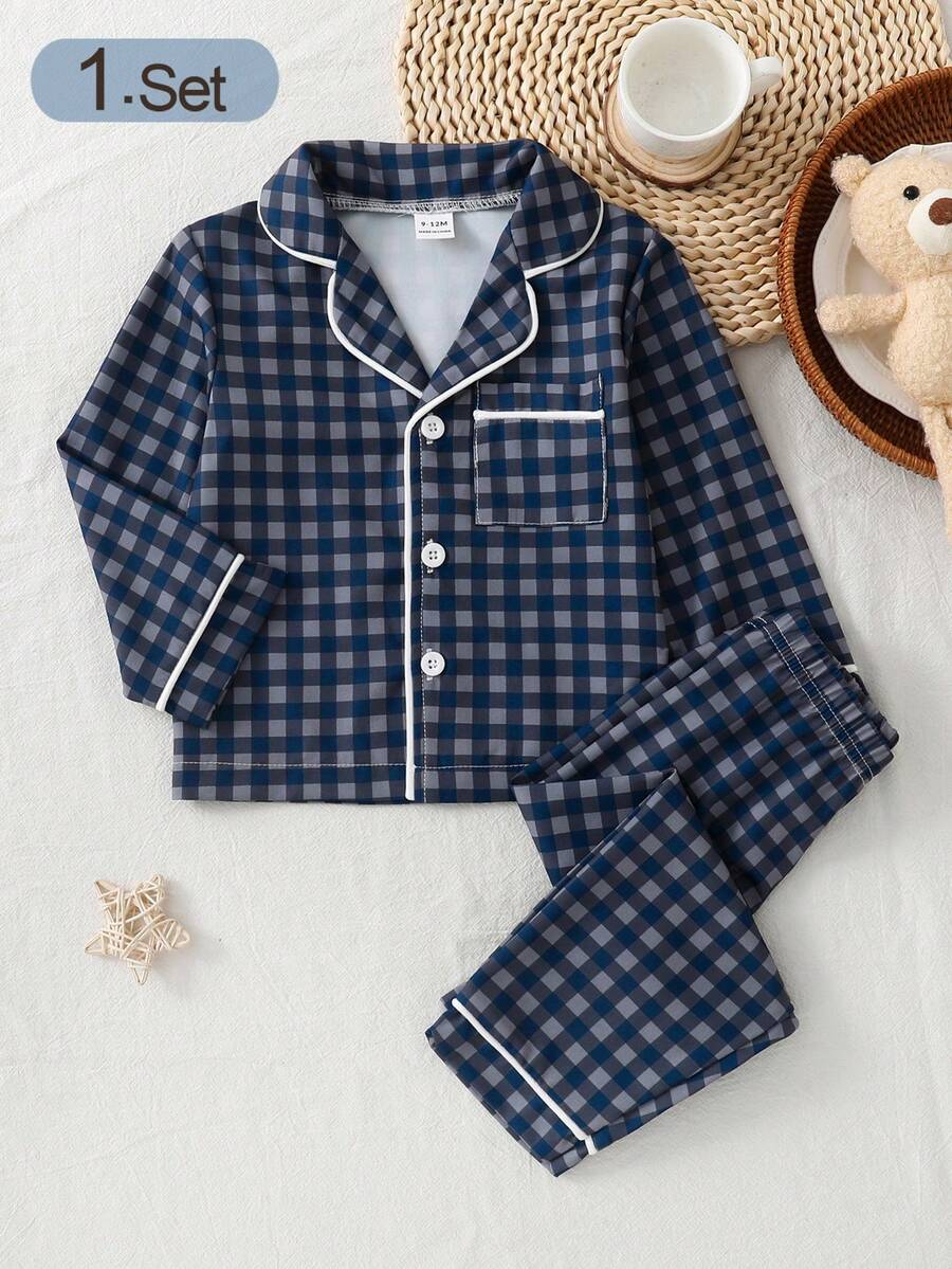 SHEIN Vintaside Kids 男嬰睡衣 2 件套,領口設計格紋印花長袖褲子,梭織休閒居家服,秋季款 - 藍色 - 查看 1