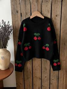 SHEIN Genkimix Kids Fashion Casual Sweet Cherry Girls' Pullover Sweater Autumn Fall - Black - View 4