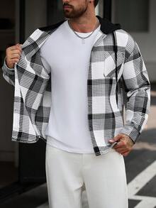 SLATEMANN 男士黑色復古格紋連帽休閒 2 合 1 襯衫夾克 - 黑色 - 查看 7