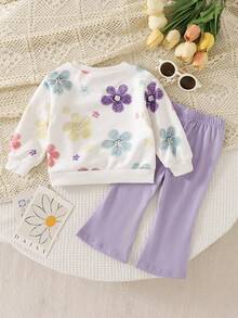 SHEIN Sparklyn 1 Random Pc Baby Girl Floral Print Long Sleeve Sweatshirt And Flared Pants Set - Multicolor - View 3