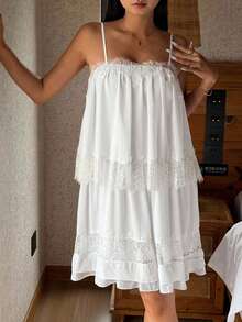DAZY Romantic Vacation Contrast Color Lace Patchwork Layered Ruffle Strap Women's Nightgown - Beige - View 5