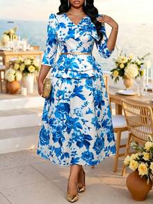 Fleurora Plus Size Women's Floral Print Waist-Cinching Slimming Pleated Asymmetrical Hem Elegant Ninang Skirt Wedding Evening Formal White Summer - Blue and White - View 1