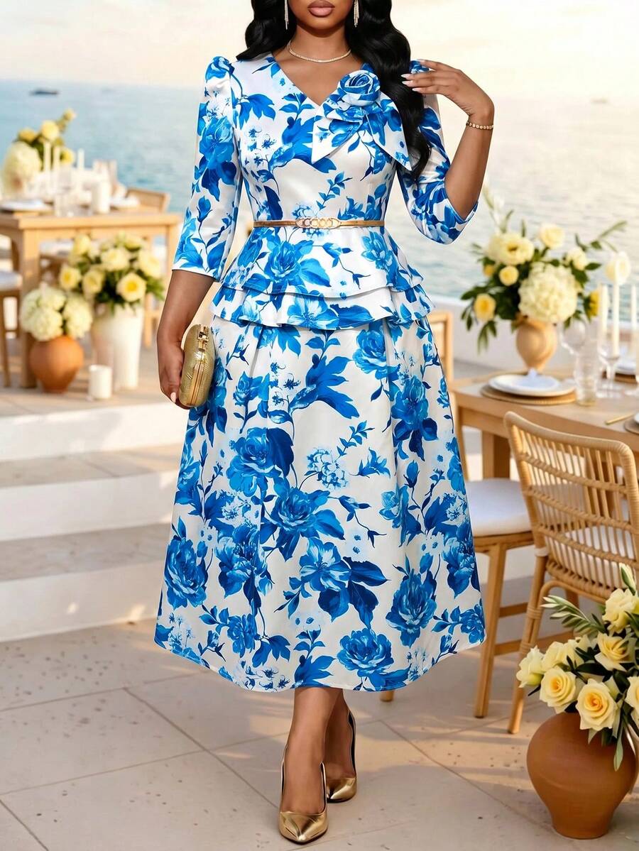 Fleurora Plus Size Women's Floral Print Waist-Cinching Slimming Pleated Asymmetrical Hem Elegant Ninang Skirt Wedding Evening Formal White Summer - Blue and White - View 1