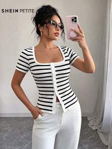 SHEIN PETITE Women's Striped Square Neck Single-Breasted Short Sleeve Casual T-Shirt - Multicolor - View 1