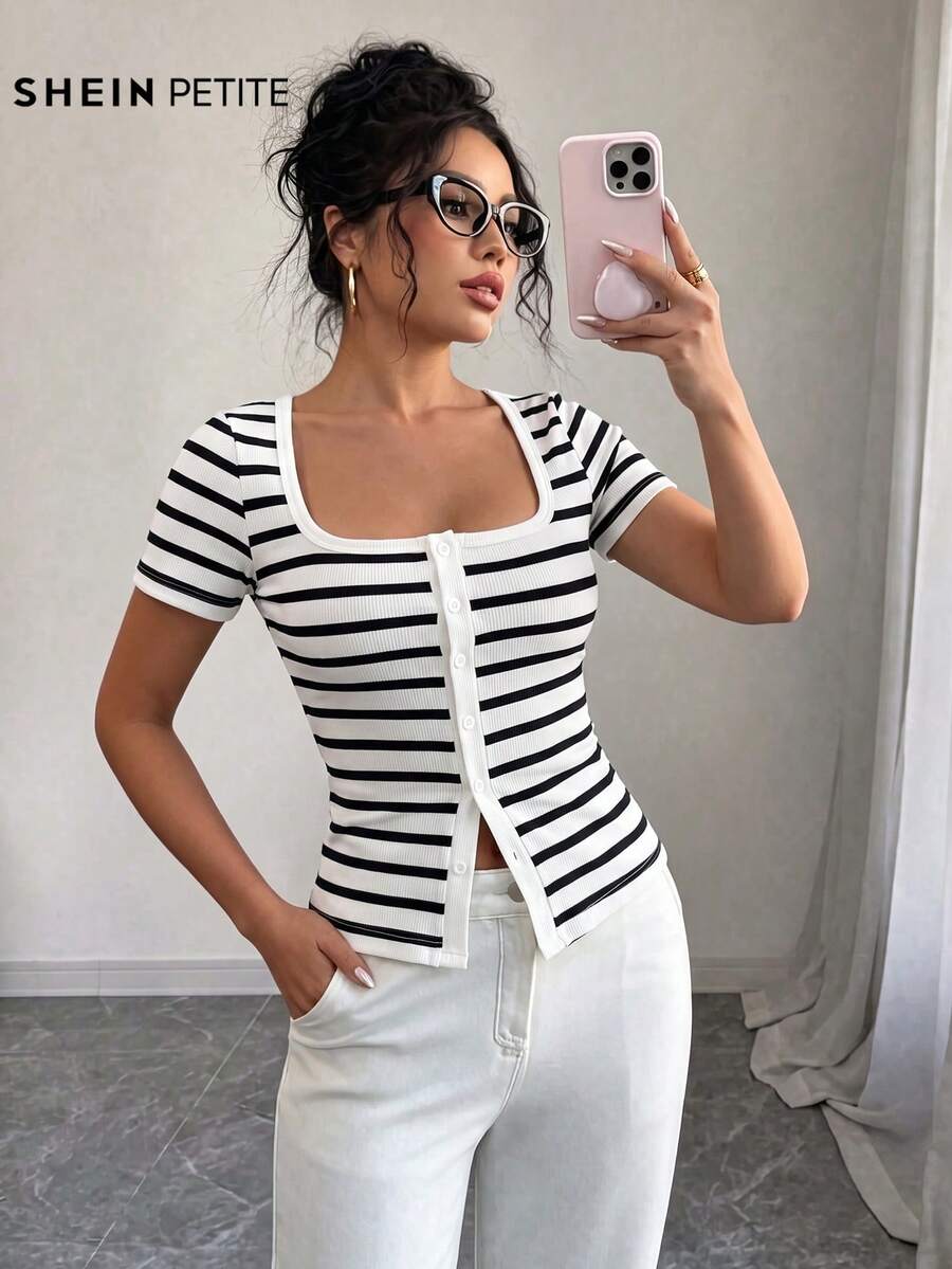 SHEIN PETITE Women's Striped Square Neck Single-Breasted Short Sleeve Casual T-Shirt - Multicolor - View 1