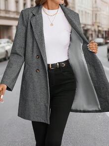 SHEIN Clasi 女款秋冬卡其色格紋大衣，經典百搭，老錢風，適合通勤、外出與聚會 - 黑與白 - 查看 3