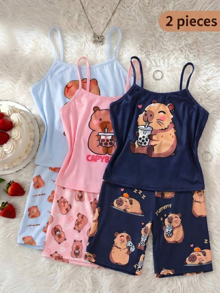 Teen Girls Royal Blue Cute Capybara Print Camisole Top And All-Over Capybara Print Shorts Set Pajamas Tight Homewear - Royal Blue - View 1