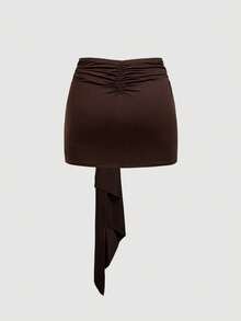 SHEIN MOD Women Fashionable Chocolate Brown Mini Skirt With Gold Ring Detail And Draped Front Accent,Brown Skirts For Women - Brown - View 6