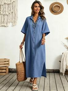 SHEIN 女款素色單排扣休閒日常穿著襯衫洋裝 - 藍色 - 查看 5