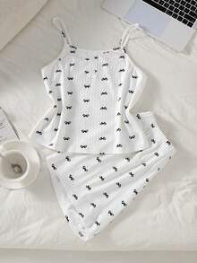 SHEIN Teen Girl Wide Ribbed Bow Print Camisole & Shorts Set Loungewear - Multicolor - View 4