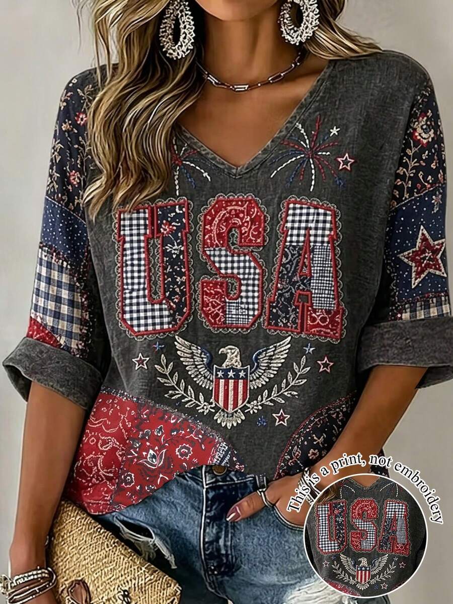 EMERY ROSE Women's Plus Size Fashion Graphic Print V-Neck Elastic Casual T-Shirt - Grey - View 1