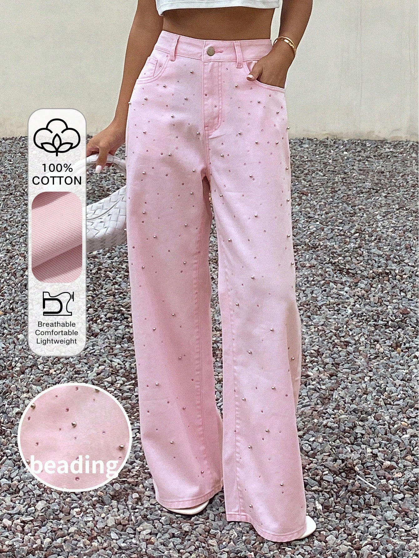 Livesso Calça Jeans Feminina Casual Solta de Perna Reta com Strass Brilhante Vintage para Rua e Outdoor no Outono