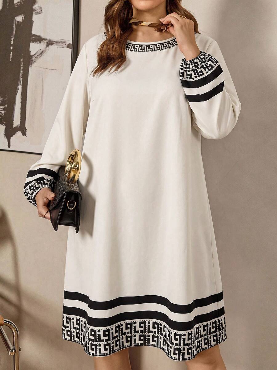 SHEIN LUNE 大尺碼女款條紋圓領燈籠袖休閒寬鬆洋裝 - 彩色 - 查看 1